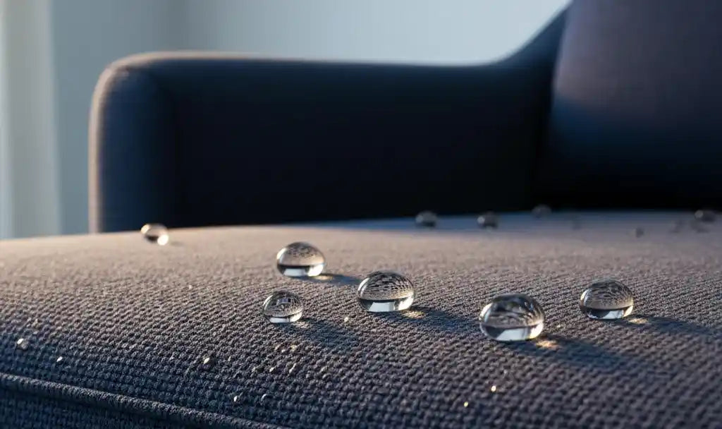 Water droplets on a textured surface with a blurred background