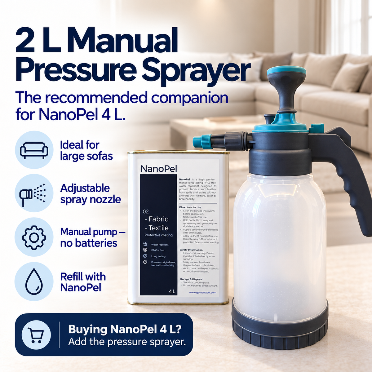 2L Manual Pressure Sprayer – For Large Fabric & Upholstery Areas