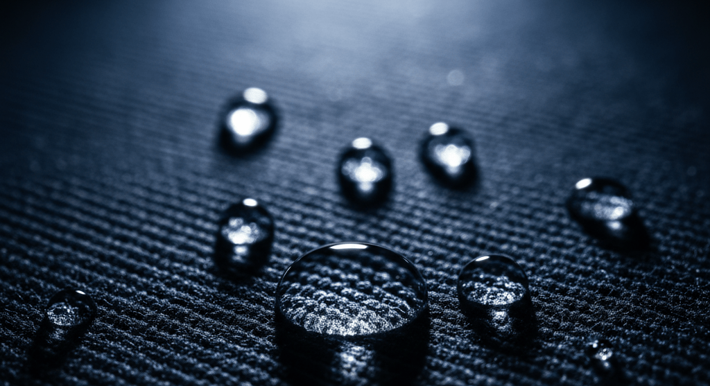 Water droplets on a textured surface with a blurred background